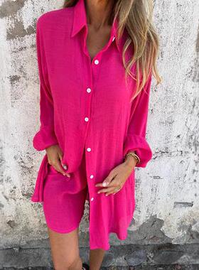 Women's cotton and linen shorts, long sleeved pleated