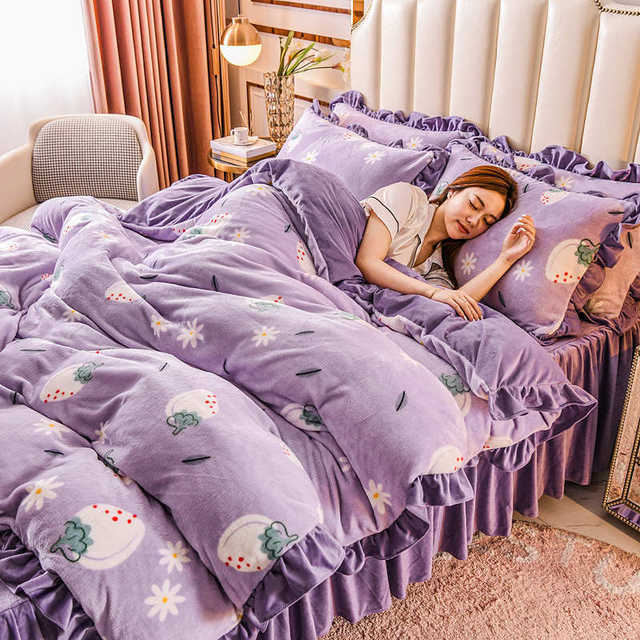 Winter warm double-sided crystal velvet thickened coral velvet princess style bedding flannel sheet bed skirt bed cover four-piece set