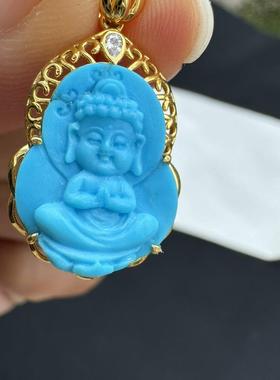 原矿绿松石宝宝佛吊坠18k金镶嵌锁骨链挂件尺寸约28.5×15.8×6.5