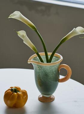 创意轻奢中古风单耳双色玻璃花瓶台面餐桌家居软装酒店陈列摆件品