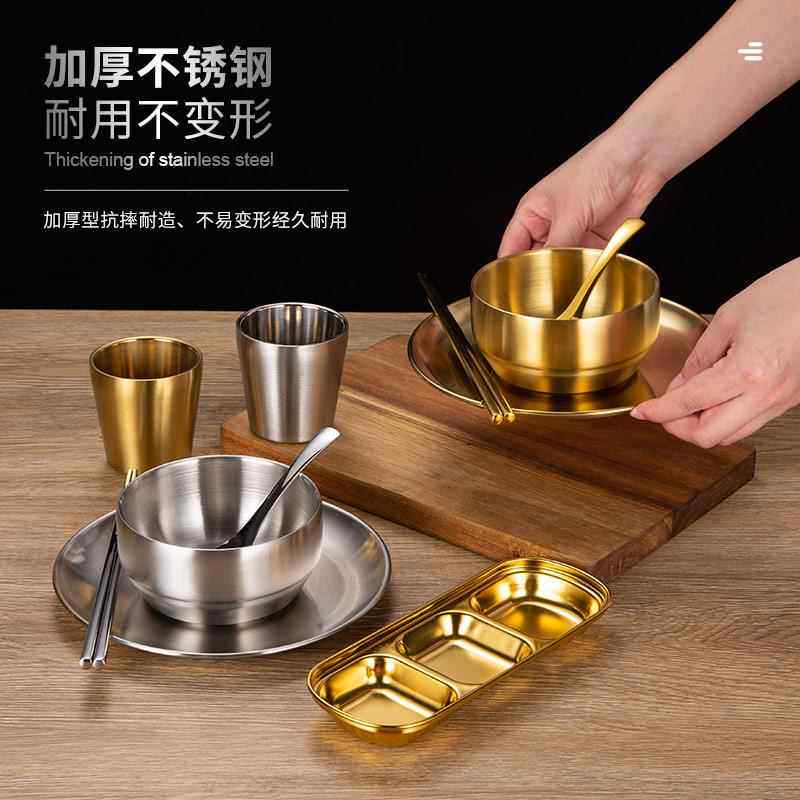 304不锈钢碗筷勺碟杯盘套装米饭碗火锅店餐具商用韩式圆盘金色碗,淘宝优惠券,粉丝福利购,淘宝优惠卷