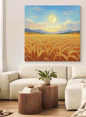 丰收麦田日出风景餐厅手绘油画黄金稻穗装饰画客厅玄关正方形挂画