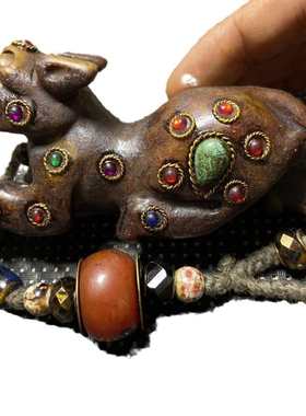 古玩复古岫玉龙玉璧镶嵌宝石九眼天珠五帝铜钱牛貔貅玉石包浆把件