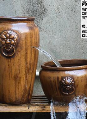 手工流水摆件循环过滤古法生态鱼缸瀑布养鱼室外庭院景观大陶罐