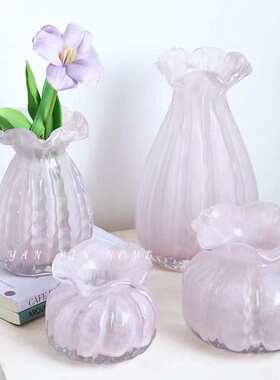 粉色钱袋子花瓶摆件厚重客厅插花琉璃花器高级感手工中古水养轻奢