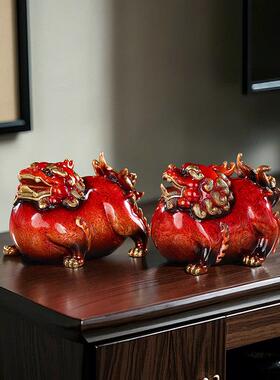 黄铜大漆貔貅摆件一对招财客厅玄关办公室聚财装饰工艺品开业礼