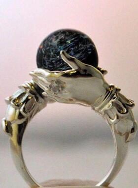 新创意覆古幸运水晶珠戒指朋克风格嘻哈