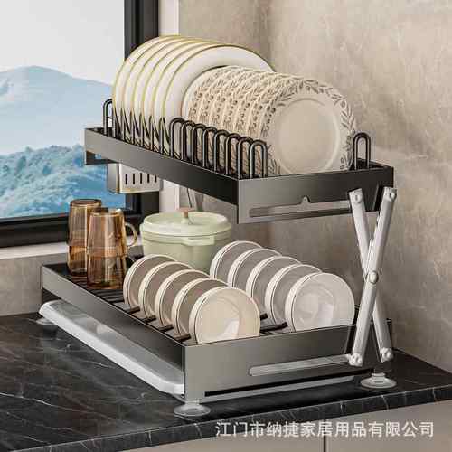 不锈钢双层厨房碗架免安装收纳置物架台面折叠沥水碗碟架子 - 图1