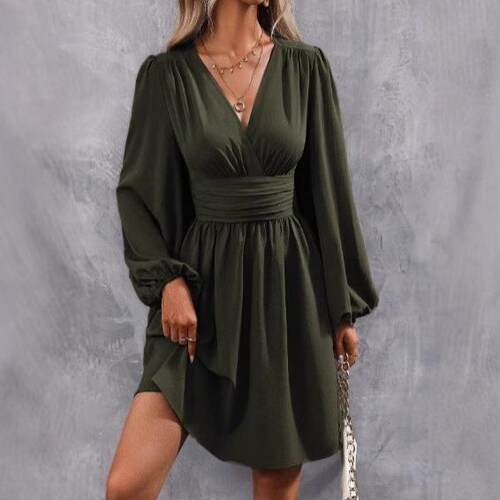 Women's Plain Deep V Neck Fitted Dress Casual Bishop Sve - 图0