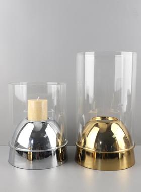 现代轻奢几何金属玻璃罩烛台桌面摆件客厅餐厅酒店样板间家居饰品