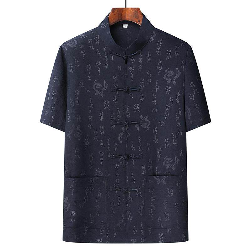 High-end Tang suit men's cotton and linen sleeve suits, elderly men's suits, two-summer mid-piece suits, Tai Chi suits, dad's suits, short Chinese style