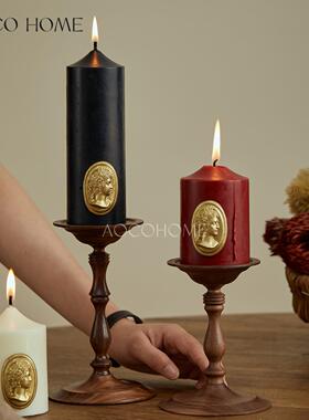 中古风实木烛台复古胡桃木罗马柱宽口摆件家居餐桌氛围感蜡烛托台