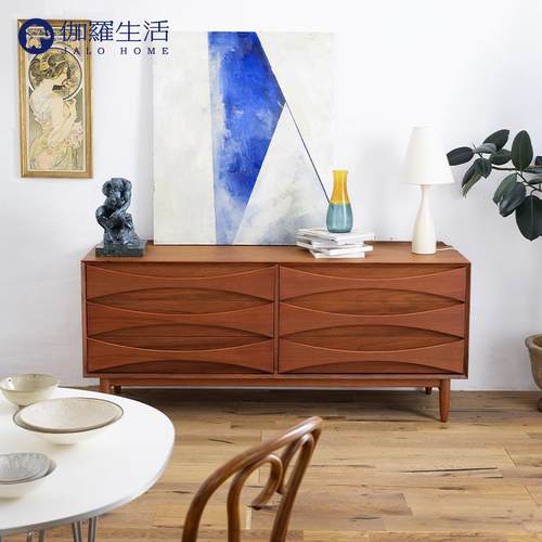 W实7MC笑脸六屉柚木木六柜笑脸六屉M斗柜储物柜中古客厅餐厅边柜 - 图0