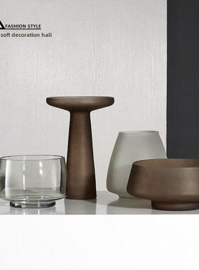 新品现代中式灰色系磨砂玻璃花瓶客厅样板间个性插花器果盘陈设品