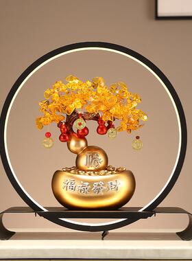 中式黄水晶发财树摆件客厅玄关卧室床头带灯装饰摆设乔迁新居礼品