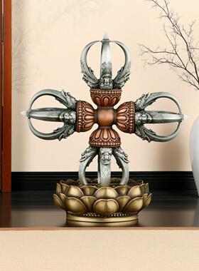 尼泊尔精工全铜十字白铜紫铜五股金刚杵带底座供奉法器装饰摆件