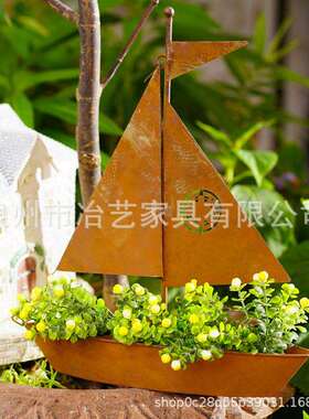 跨境爆款创意3D生锈帆船花盆 户外花园装饰 金属艺术品 航海装饰