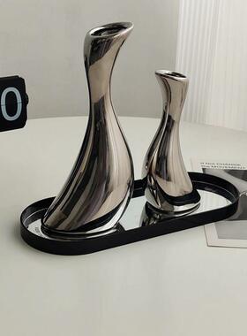 态生活 ins轻奢风银色陶瓷曲型花瓶客厅玄关酒柜装饰摆饰工艺礼品