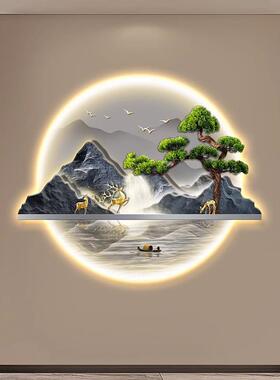新中式入户玄关装饰画流水生财山水画带灯走廊过道挂画迎客松壁画