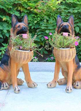 德牧犬收纳花篮摆件仿真动物狼狗玻璃钢雕塑模型迎宾道具装饰摆件