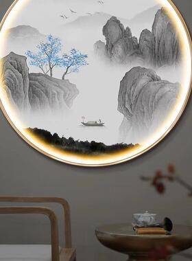 新中式装饰画入户玄关LED灯画带灯壁画茶室走廊铝合金圆形挂画