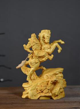 黄杨木雕刻骑马关公神公武财家居摆件书桌办装饰饰工品ZQ-146艺品