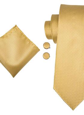 Hi-Tie Solid Gold Yellow Silk Ties For Men Handky Cufflinks