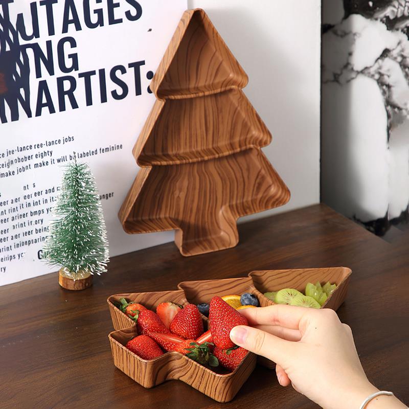 彷木纹干果盘家用塑料圣诞树分格盘创意餐桌摆件小吃零食水果盘子 - 图0