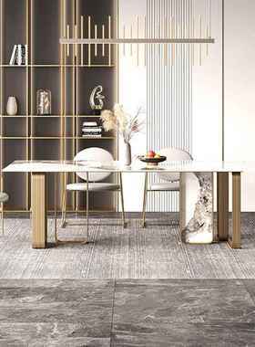 轻奢亮光岩板餐桌椅组合长方形家用饭桌不锈钢现代简约餐桌