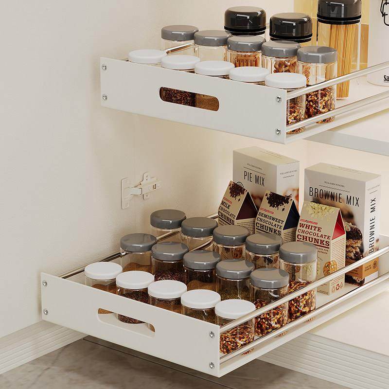 厨房拉篮pp轨道单层抽屉式碗碟收纳调味托盘白色抽拉加高橱柜置物,淘宝优惠券,粉丝福利购,淘宝优惠卷