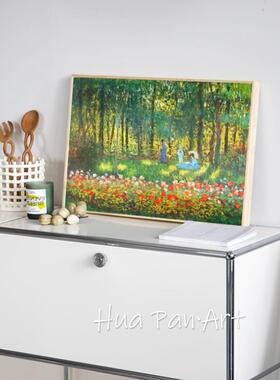 白玫瑰花丛绿色风景油画印象派复古艺术挂画莫奈客厅卧室装饰画