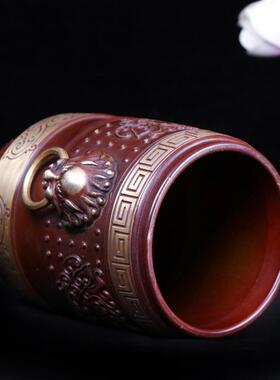 杨铜记 铜器 复古桌面办公摆件 铜笔筒 狮头莲花笔筒 笔筒