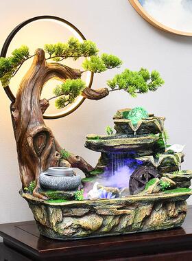 高山流水喷泉摆件假山循环水景观桌面生财客厅鱼缸迎客松开 业礼