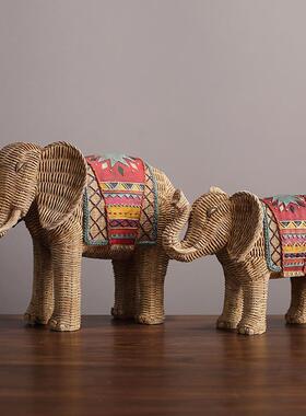 编织纹手绘大象摆件客厅电视柜酒柜玄关摆饰树脂工艺品摆件创意