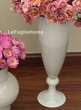 法式小众中古奶白色白瓷感手工波璃高脚花瓶风灯花器复古软装摆件