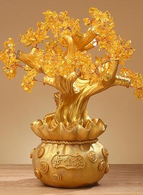 黄水晶发财树摇钱树福钱袋树脂摆件 柜台桌面发财树工艺摆件