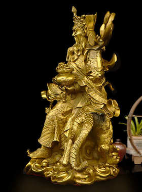 纯铜武财神赵公明神像赵元帅招财大小号骑虎赵公明财神站像铜摆件