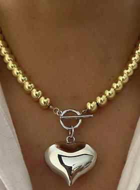 1 件圆球珠项链女式锁心项链吊坠项链银色珠子颈链项链珠宝礼物