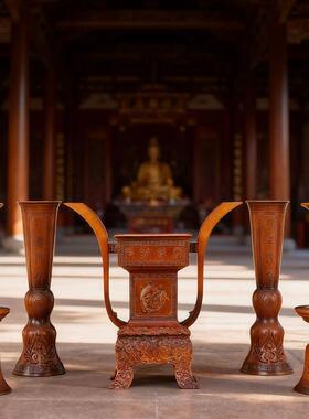 纯铜五供彷古香炉摆件祭器五件套家用祠堂祭祖先蜡烛台香薰炉套装