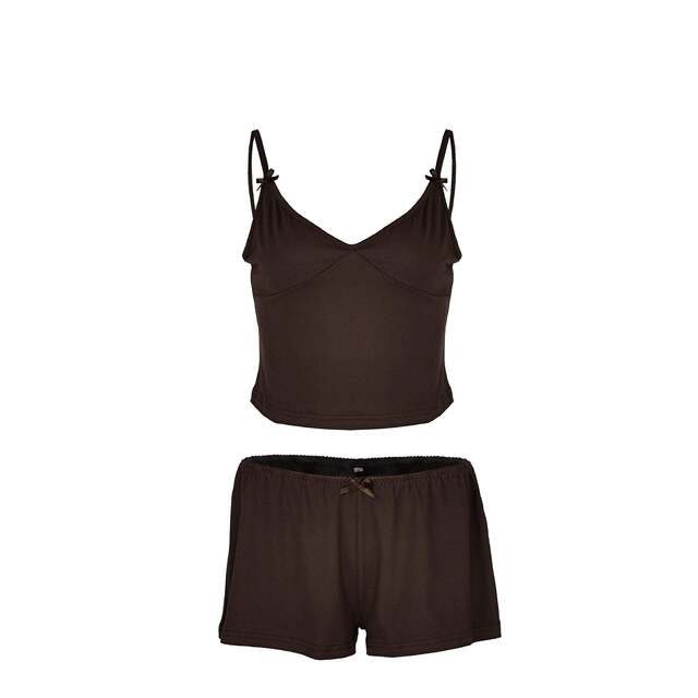 ສອງສິ້ນຊຸດແມ່ຍິງແຂງ Crop Cami Top & Bow Decor Shorts