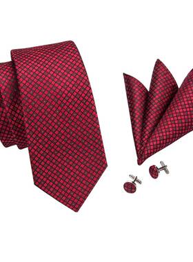 Hi-Tie Designer Red Burgundy Plaid Silk Wedding Tie For Men