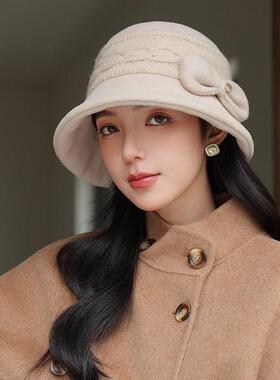 适合海边拍照的帽子秋冬保暖毛呢针织渔夫帽法式复古显脸小盆帽百