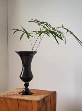 中古法式黑色高脚杯玻璃花瓶高款家居装饰客厅艺术花瓶摆件ins风