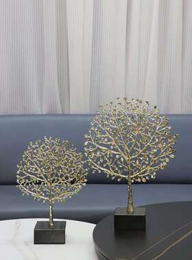 现代约色珊瑚0894树理石底大座金摆件书房玄关客厅电视柜家居装饰