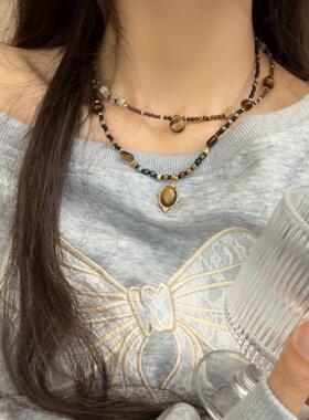 美拉德风虎眼石隔片串珠项链女锁骨链颈链叠戴设计高级感小众复古