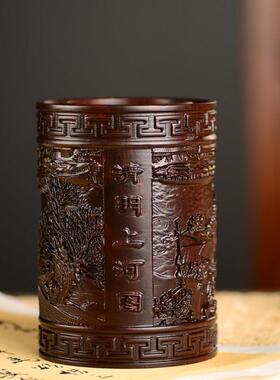 黑檀木雕清明上河图笔筒工艺品办公室家居客厅木质笔筒摆件送礼