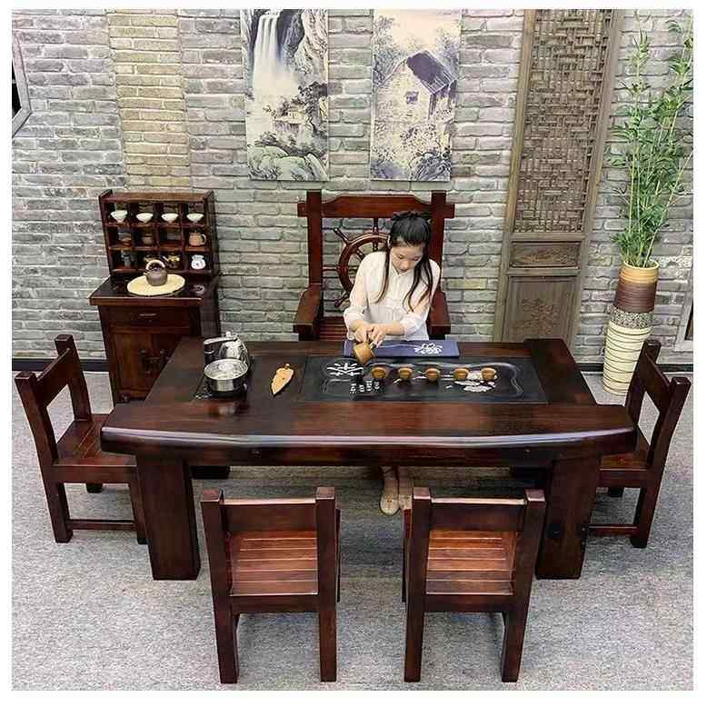 Authentic old wooden tea table combination Chinese style wooden tea table tea table curved stone tea tray electromagnetic chair real furnace tea set a boat