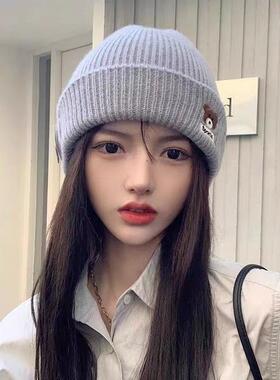 小熊帽子女秋冬季骑车百搭针织毛线帽保暖帽2026新款显脸小月子帽