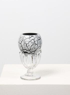 中古风黑色白色裂纹高脚手工琉璃玻璃水培插花花瓶中古风灯插花装