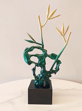 创意新中式禅意竹叶雕塑摆件样板间书房茶几太湖石竹子装饰品摆设